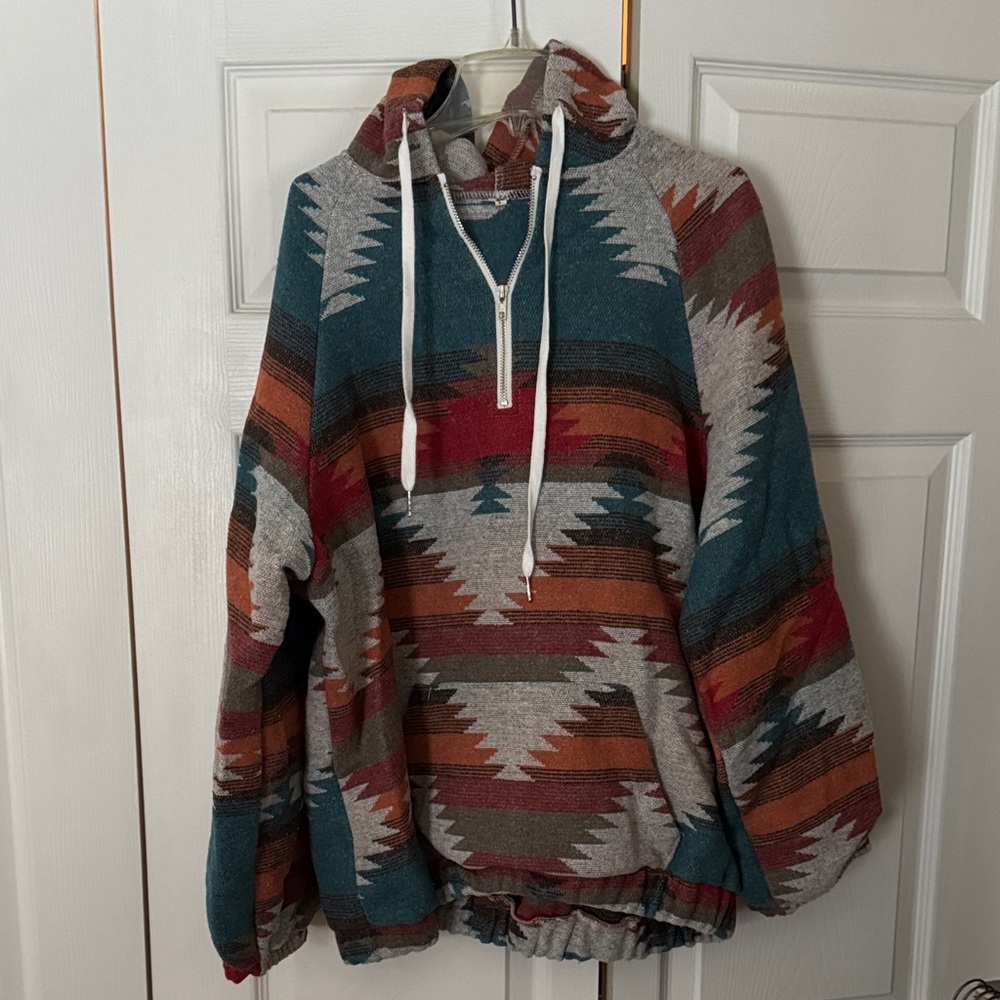 Aztec Pattern Hoodie with Drawstrings - image 1